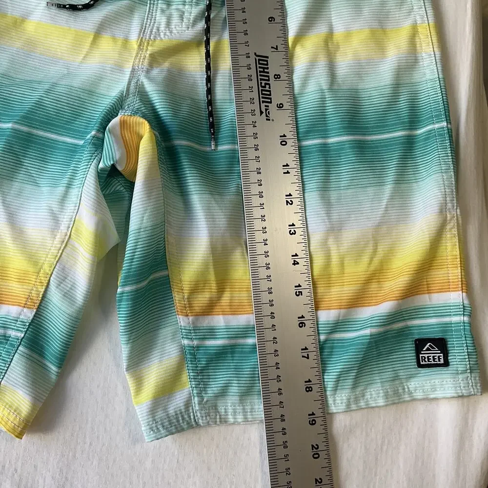 Reef Men Swimwear 32 Turquoise Board Shorts Striped Surf Shorts Logo Lined 10”